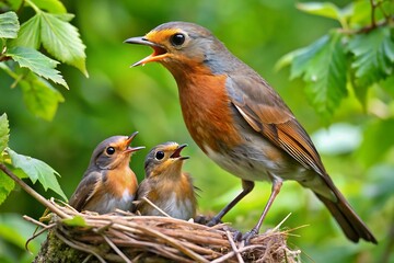 Fototapeta premium European robin feeding its two chicks in a nest with green leaves in the background of the image