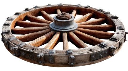 Ancient Wheel's Timeless Story: A weathered, handcrafted wooden wheel, a relic of ages past, stands as a testament to human ingenuity and the evolution of transport.