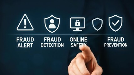 Hand interacting with fraud detection and prevention icons for online safety.
