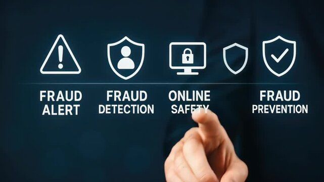 Hand interacting with fraud detection and prevention icons for online safety.