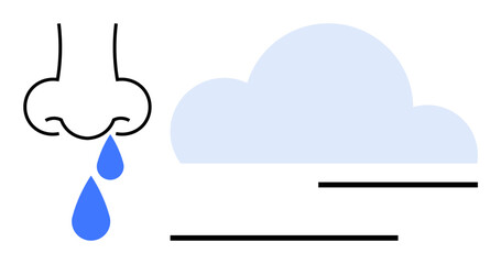 Nose with droplets indicating allergy or cold, paired with a cloud for environmental allergens. Ideal for health, allergies, weather, symptoms, biology, environment and respiratory themes. Flat