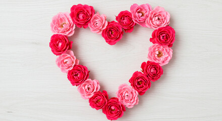 Obraz premium Heart-shaped arrangement of pink and red roses creates a romantic symbol on a white wooden surface.