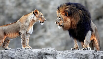 Confrontation Between Majestic Lion and Lioness Staring at Each Other on Rocky Ledge Wild Nature