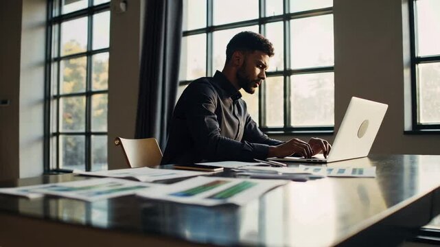 Young businessman concentrating on his laptop, diligently typing amidst scattered paperwork on a large table in a sunlit, contemporary office space