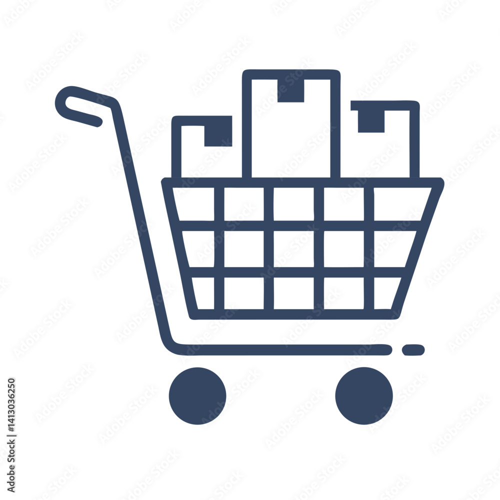 Poster shopping cart with boxes icon representing e-commerce purchase