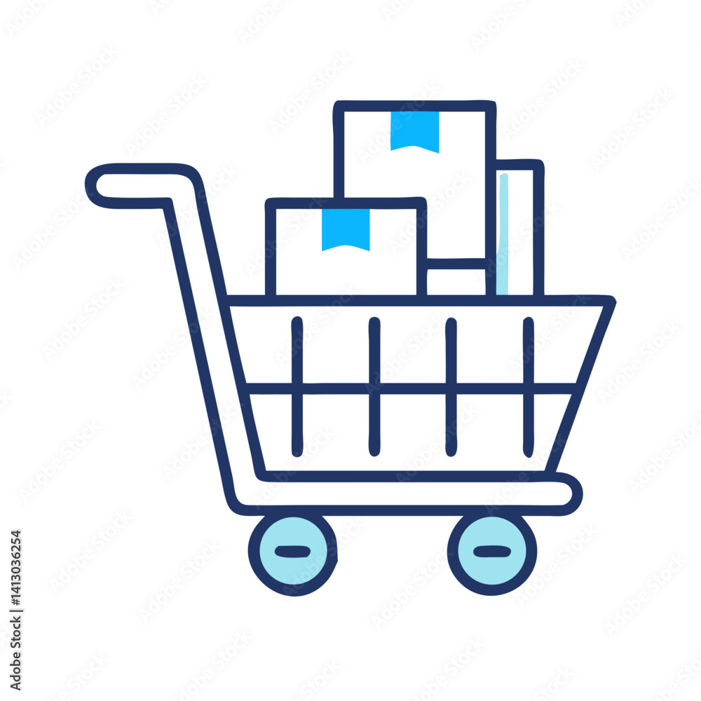 Poster shopping cart with boxes icon representing e-commerce purchase