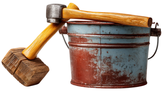 Craft Tools and a Worn Bucket: A still-life composition featuring a vintage blue and red bucket, juxtaposed with a wooden mallet, iron hammer.