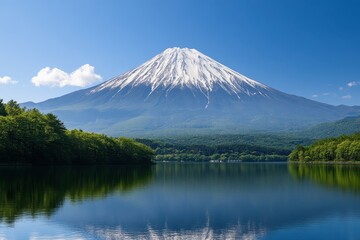 Mount Fuji reflects in calm waters beneath a clear blue sky during midday