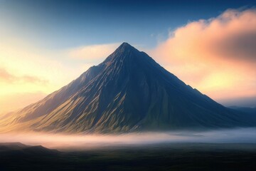 Fototapeta premium Majestic mountain rising above misty valley at dawn with a colorful sky