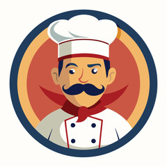 Cartoon smiling chef with mustache in uniform and hat, restaurant logo design, colorful illustration
