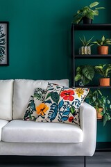 Stylish White Sofa with Floral Cushions and Shelved Plants against Teal Wall