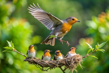 lake, sunset, reflection,, European robin arriving at nest with four chicks on a branch with green foliage background