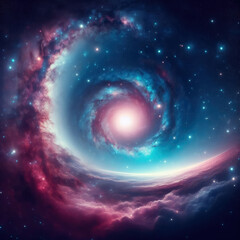 Obraz premium Cosmic swirl of gas and stars in a vibrant galaxy with bright light and swirling colors