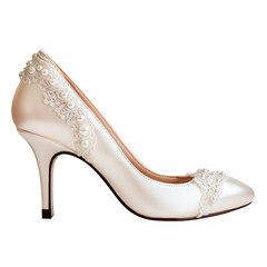 Elegant White Bridal Shoe with Lace and Pearl Embellishments on Heel on white background