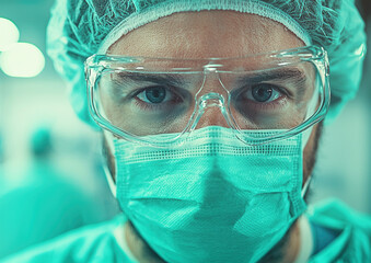 Close-up portrait of a charismatic surgeon doctor in a mask.	