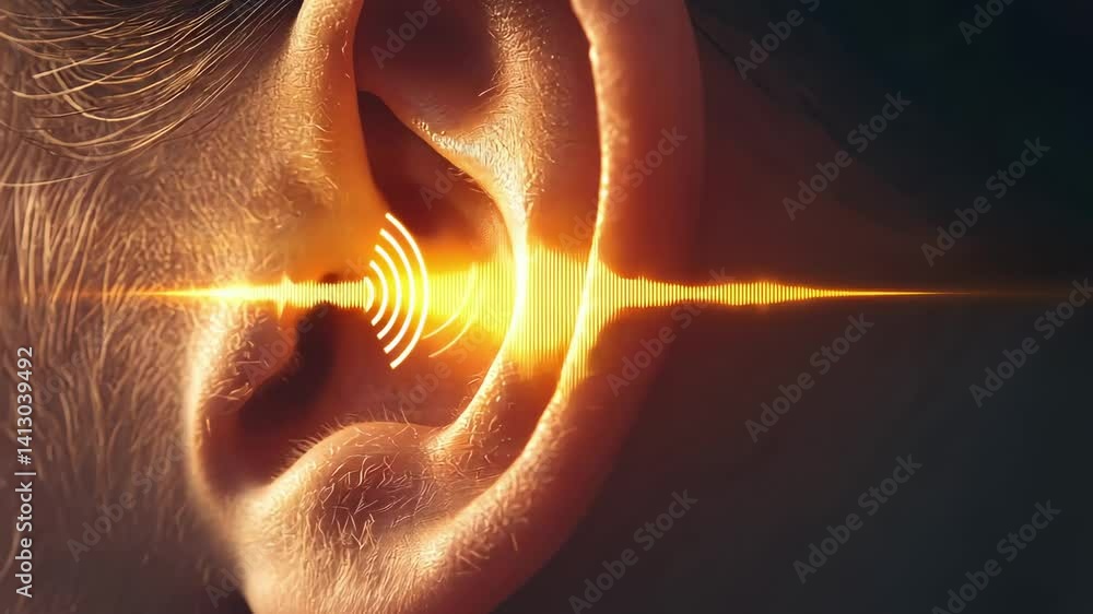 Poster visualization of sound waves entering the ear canal, demonstrating the process of hearing and audito