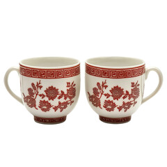 Elegant Red and White Decorative Cups with Floral Patterns and Handles on white background