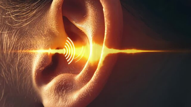 Visualization of sound waves entering the ear canal, demonstrating the process of hearing and auditory perception, useful for educational or medical presentations