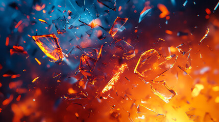 Dynamic liquid background with shattered glass effects in fiery orange and deep blue tones. Cyberpunk vibes, high contrast, and cinematic lighting for futuristic designs