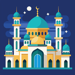 This vector illustration shows a mosque, a significant religious building in India, featuring a classic dome and minaret, representing Islamic architecture and travel landmarks