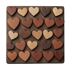 Wooden Heart Shapes Arranged in a Decorative Pattern  on white background