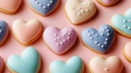 Obraz premium Heart shaped cookies forming a colorful pattern on pink background