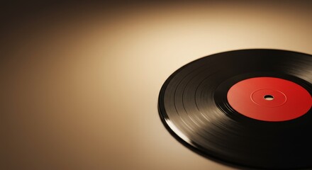 Vinyl Record Close Up - Close up of a vintage vinyl record with a red label, against a beige background. Perfect for music, nostalgia themes