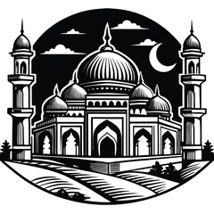 This vector illustration shows the Taj Mahal silhouette, a famous landmark and architectural monument in India, often recognized as a symbol of travel and old Mughal mosque art with its iconic dome