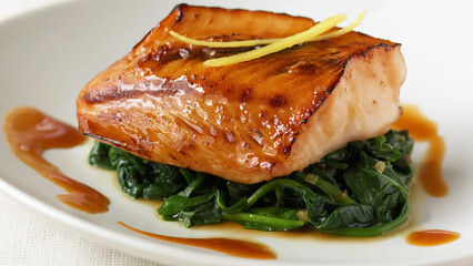 Grilled salmon fillet served on a bed of sautéed spinach with sauce drizzle.