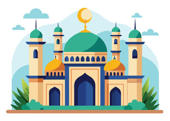 This vector illustration shows a mosque, a significant religious building in India, featuring a classic dome and minaret, representing Islamic architecture and travel landmarks