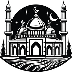 This vector illustration shows the Taj Mahal silhouette, a famous landmark and architectural monument in India, often recognized as a symbol of travel and old Mughal mosque art with its iconic dome