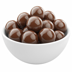 Fototapeta premium Glossy chocolate-coated balls in white bowl, smooth and stacked, isolated on transparent background.