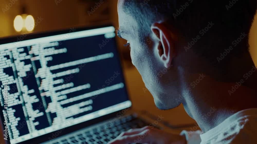 Aufkleber Professional developer typing code on laptop during late night remote work session, deeply focused on programming screen with illuminated digital workspace