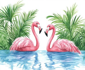 Obraz premium Flamingo Pair Displaying Graceful Posture Tropical Water Watercolor Art isolate on white background