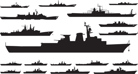 Naval warship silhouettes collection on transparent background