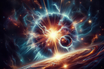 Obraz premium Cosmic explosion with vibrant colors illuminating the dark expanse of space and swirling celestial clouds