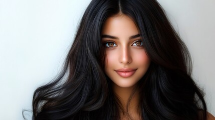 Naklejka premium Beautiful woman with long black hair smiling gently