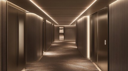 Modern hotel hallway, warm lighting, elegant design