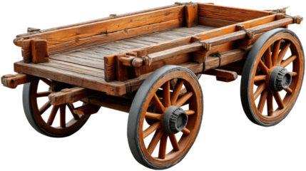 Rustic Wooden Cart: An aged wooden cart, constructed from sturdy planks and featuring detailed craftsmanship, stands as a testament to a bygone era.