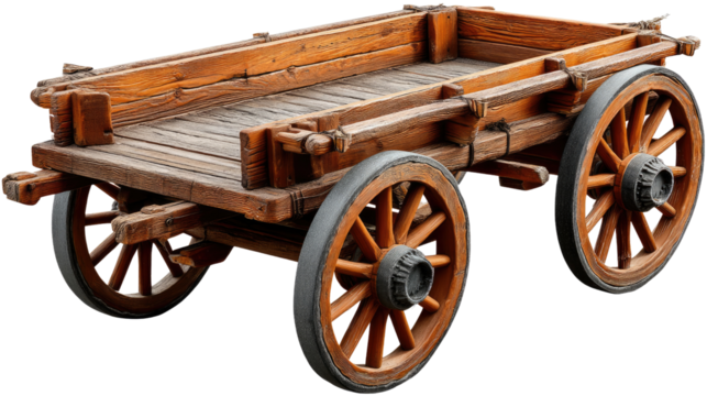 Rustic Wooden Cart: An aged wooden cart, constructed from sturdy planks and featuring detailed craftsmanship, stands as a testament to a bygone era.