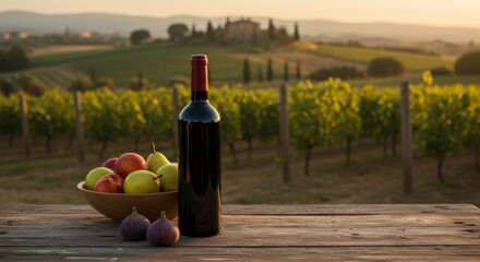 A bottle of wine and bowl of fruit on a table in a vineyard at sunset