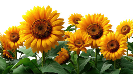 Obraz premium Radiant Sunflowers: A cluster of bright yellow sunflowers, their petals unfurling in a vibrant display of nature's beauty, radiate a sense of warmth and optimism.