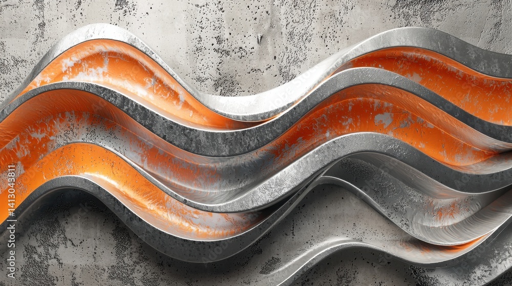 Poster metallic waves with orange highlights create an abstract pattern, set against a rough gray surface. 