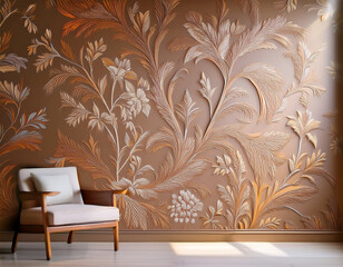 A wall with stenciled patterns or designs adds a decorative and personalized touch to an interior space.