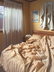 Sunlit bedroom scene featuring a rumpled bed with golden sheets a window with sheer curtains and a jacket hanging on the wall.