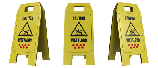 Wet floor sign isolated on transparent background. 3D image.