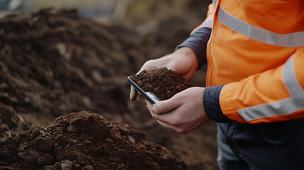 Mining engineer conducting a soil test at a mining site. Featuring geological testing and assessment