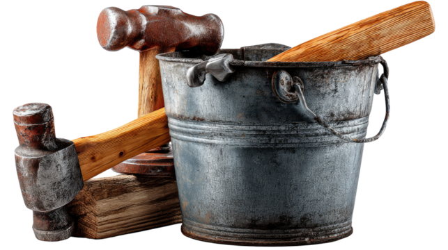 Tools of the Trade: A weathered metal bucket, a wooden mallet, and a weathered hammer, symbolize the strength, craftsmanship, and resilience of manual labor.