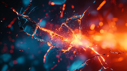 Dynamic liquid background with shattered glass effects in fiery orange and deep blue tones. Cyberpunk vibes, high contrast, and cinematic lighting for futuristic designs