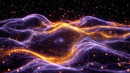 Obraz premium Abstract glowing wave patterns ripple with twinkling lights reminiscent of a distant magical landscape under a starry night sky.